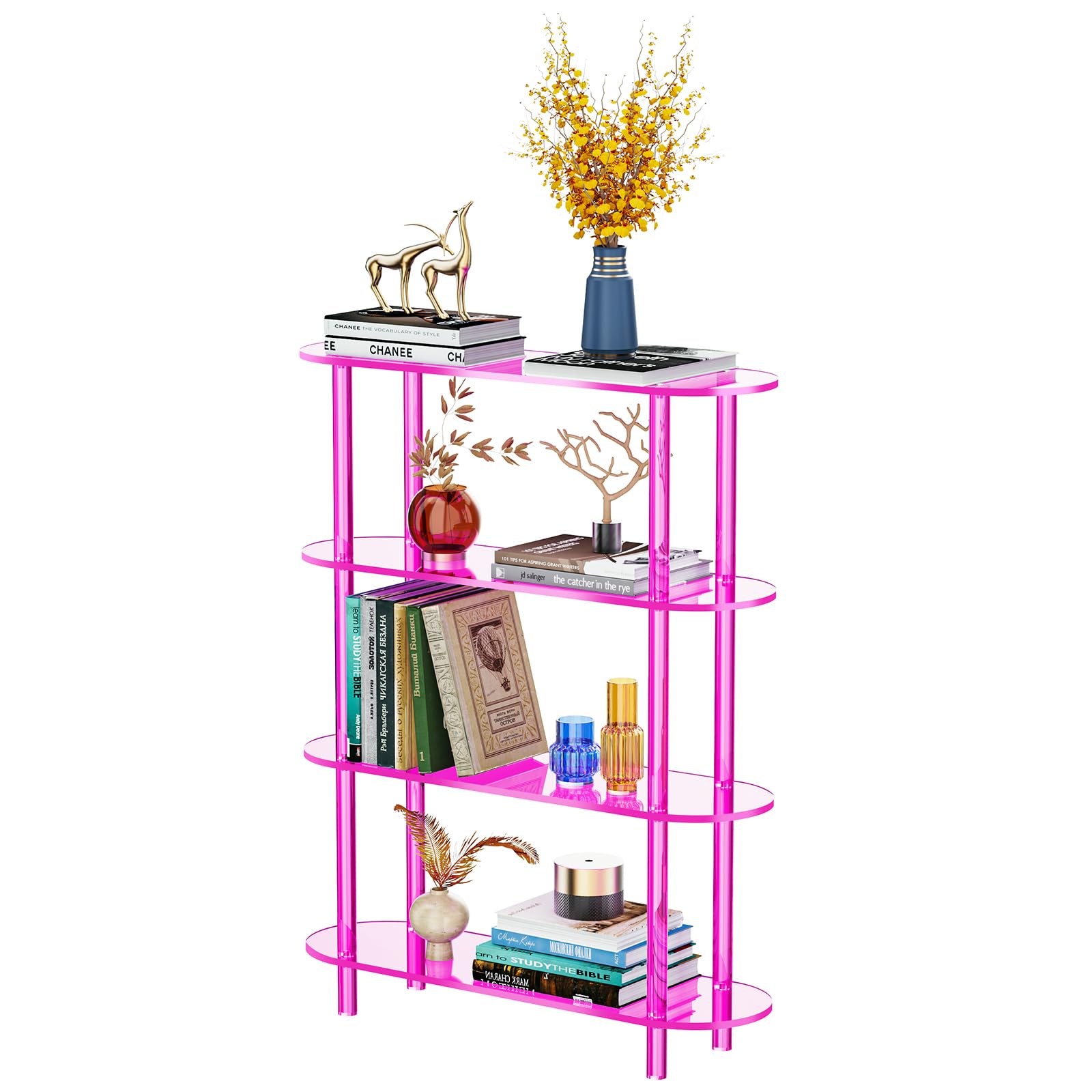 solaround Clear Bookshelf, Acrylic Bookcase with Open Book Shelf Console Table for Entryway Office (4 Tier Pink)