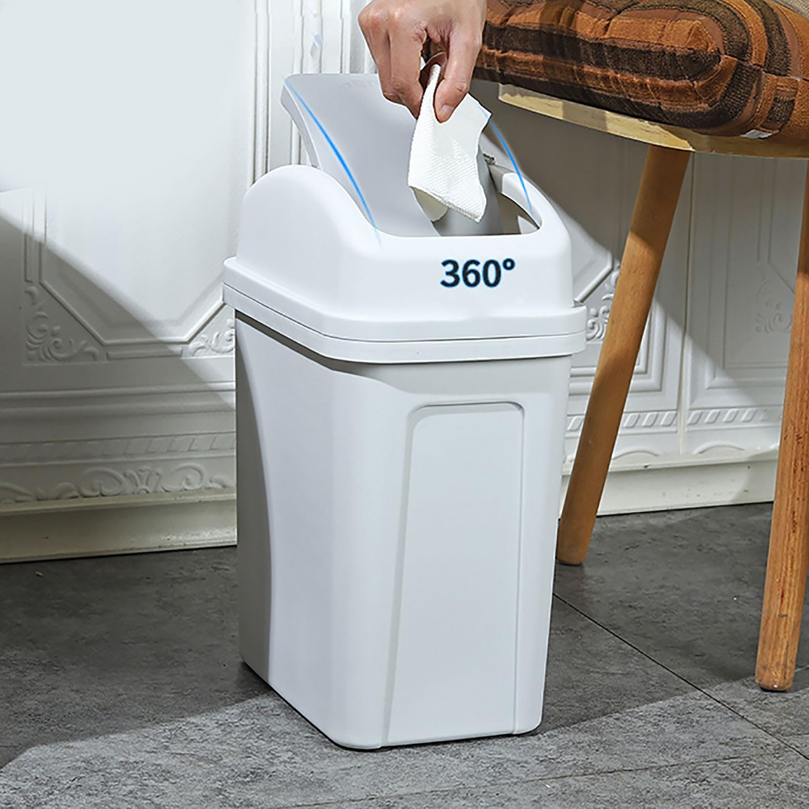 Plastic Swing Top Garbage Buckets, Kitchen Trash Can, Trash Can with Lid, 360 ° Sliding Lid, 2024 Upgraded Plastic Swing Top Trash Can, Bathroom Trash Can 3 Colors (Light Gray)