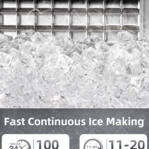 Commercial Ice Maker Machine, 100 lbs/24H Under Counter Ice Machine with 2 Way Water Inlet, 33lbs Ice Storage, Stainless Steel Freestanding, Self Cleaning Ice Makers for Home/Bar/Restaurant/Outdoor