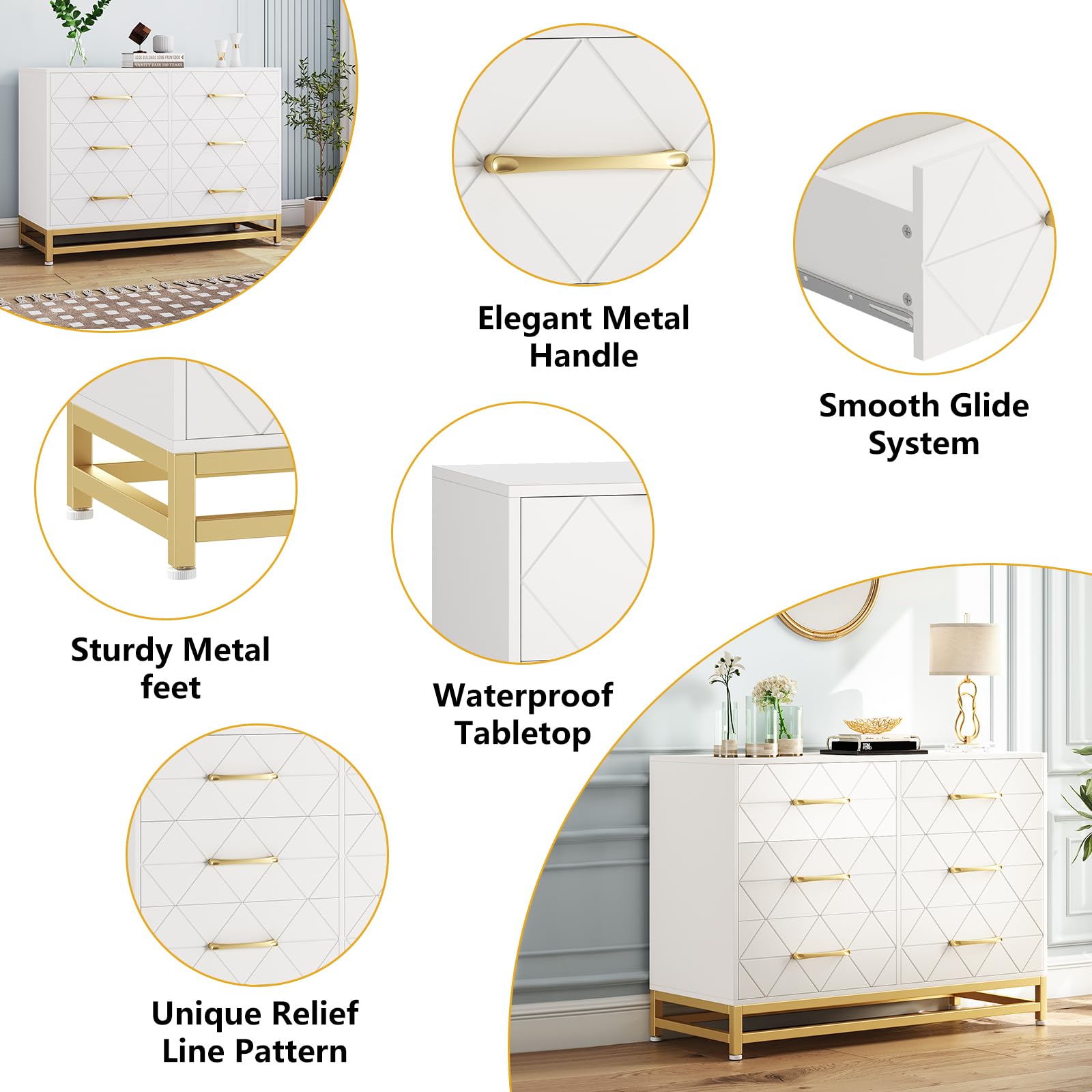 GarveeHome Dresser for Bedroom with 6 Drawer Double Dressers, Modern Wooden Dresser Chest, Beside Table for Closet, Nursery, Living Room, White