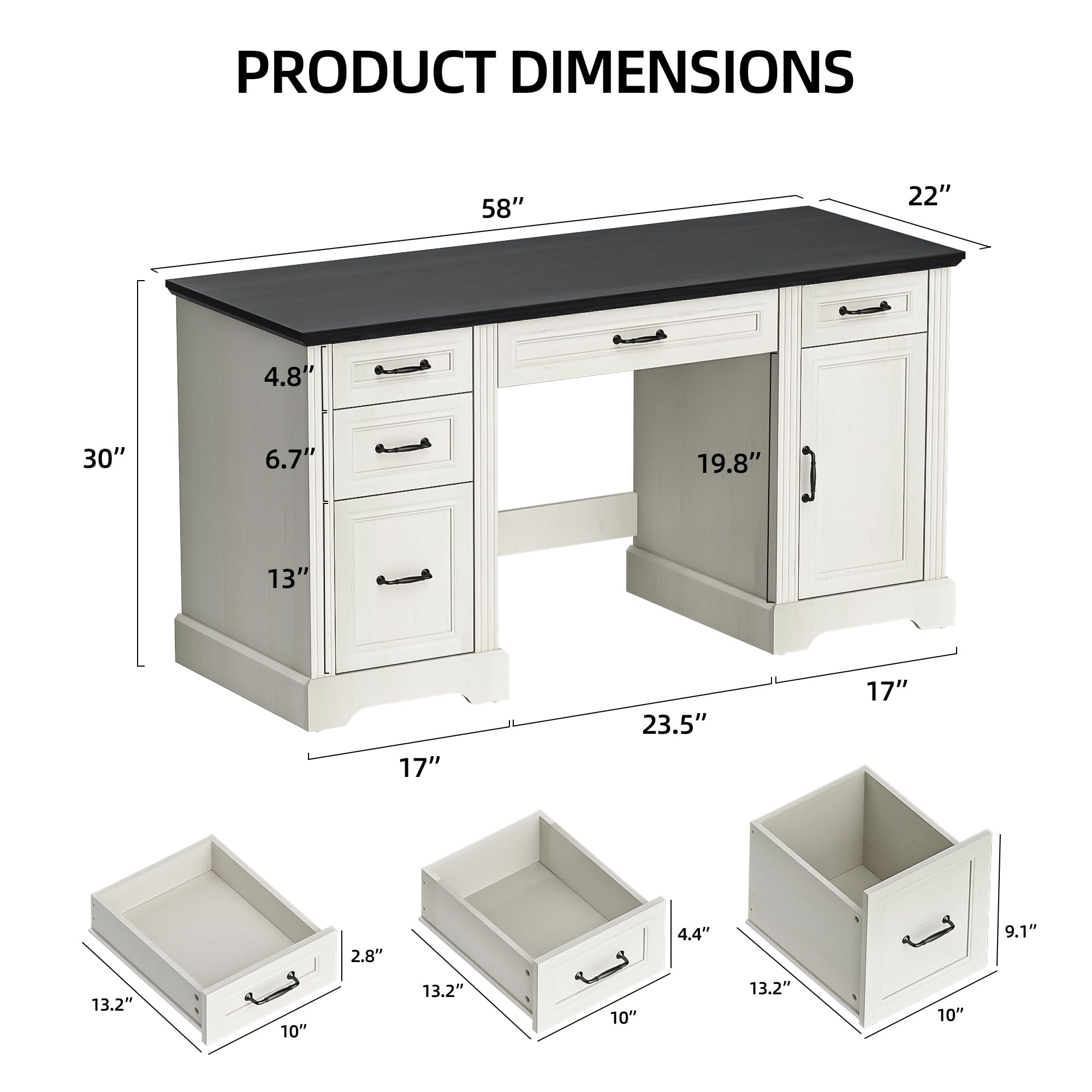 Spurgehom 58-Inch Executive Desk, Farmhouse Computer Desk with Drawers and Storage Cabinet, Wooden Home Office Desk Workstation, Study Writing Table, White&Black