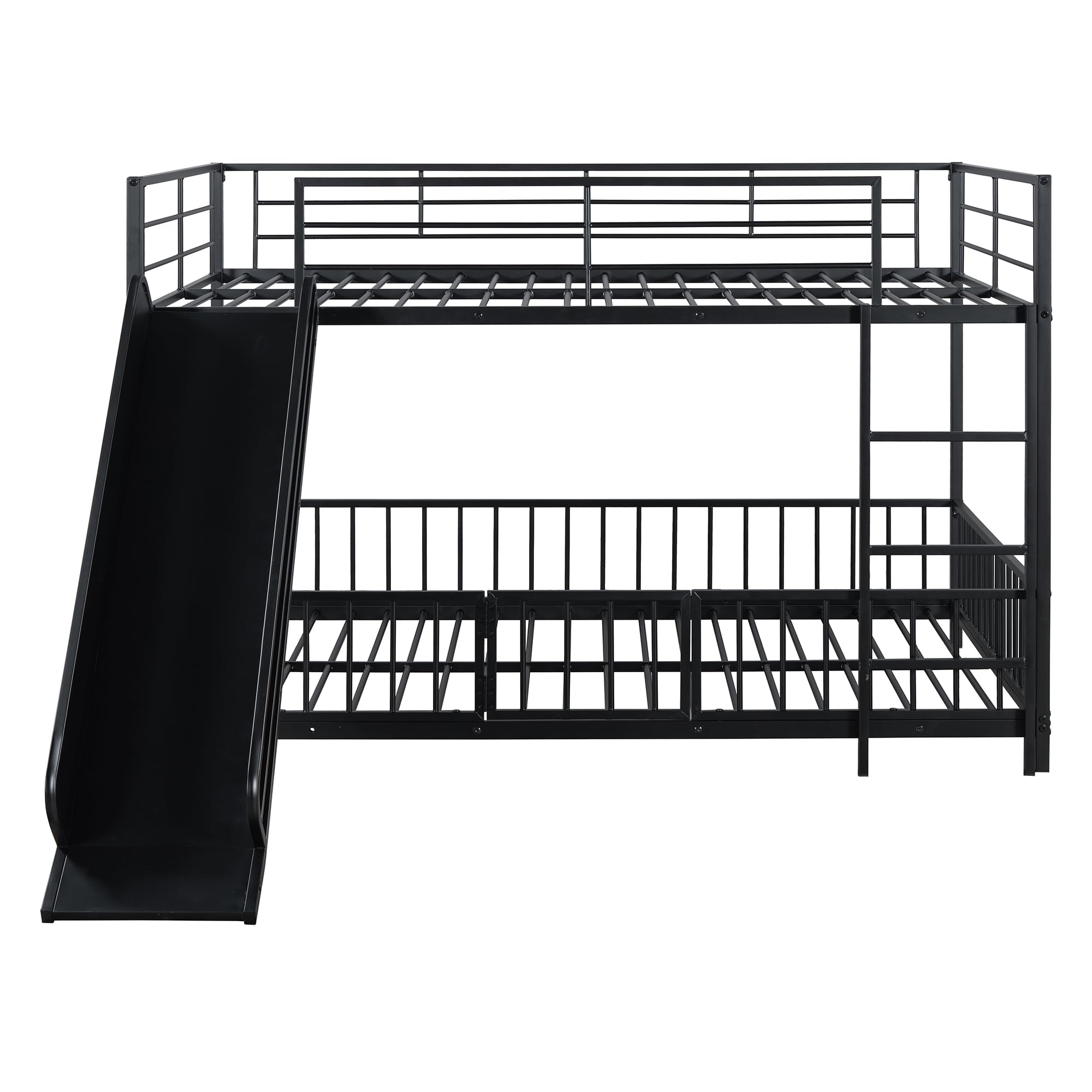 Bellemave Full Over Full Bunk Bed with Slide and Ladder, Metal Bunk Bed for Kids, Girls, Boys, Removable Fence, Low Bunk Bed with Slide, with Door, Black