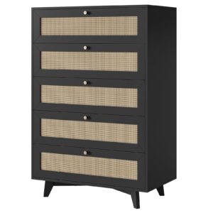 AOGLLATI Black Rattan Dresser for Bedroom with 5 Drawer, Modern Double Wooden Tall Bedroom Dresser, Chest of Drawers with Metal Handle & Solid Wood Legs for Bedroom/Living Room, Black