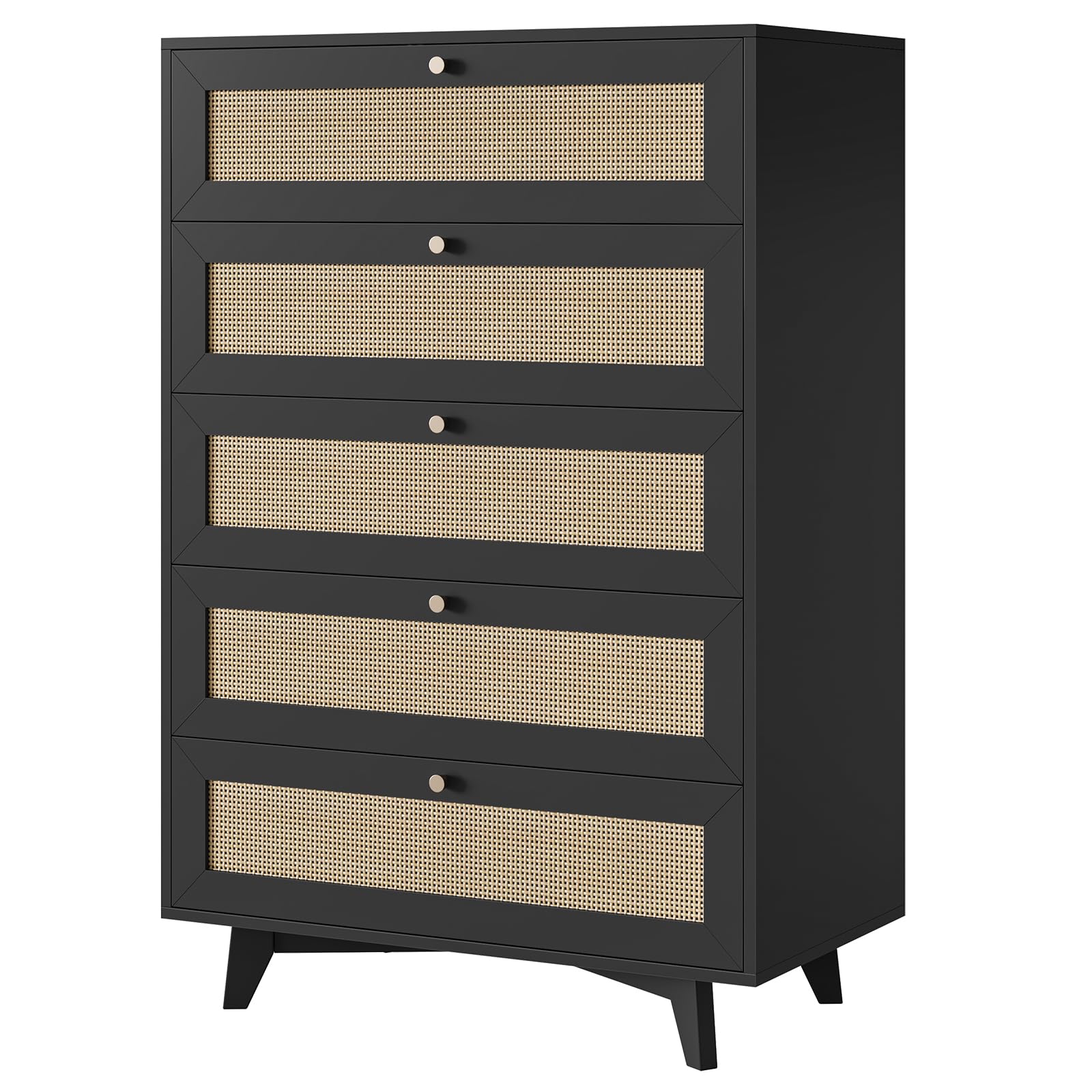 AOGLLATI Black Rattan Dresser for Bedroom with 5 Drawer, Modern Double Wooden Tall Bedroom Dresser, Chest of Drawers with Metal Handle & Solid Wood Legs for Bedroom/Living Room, Black