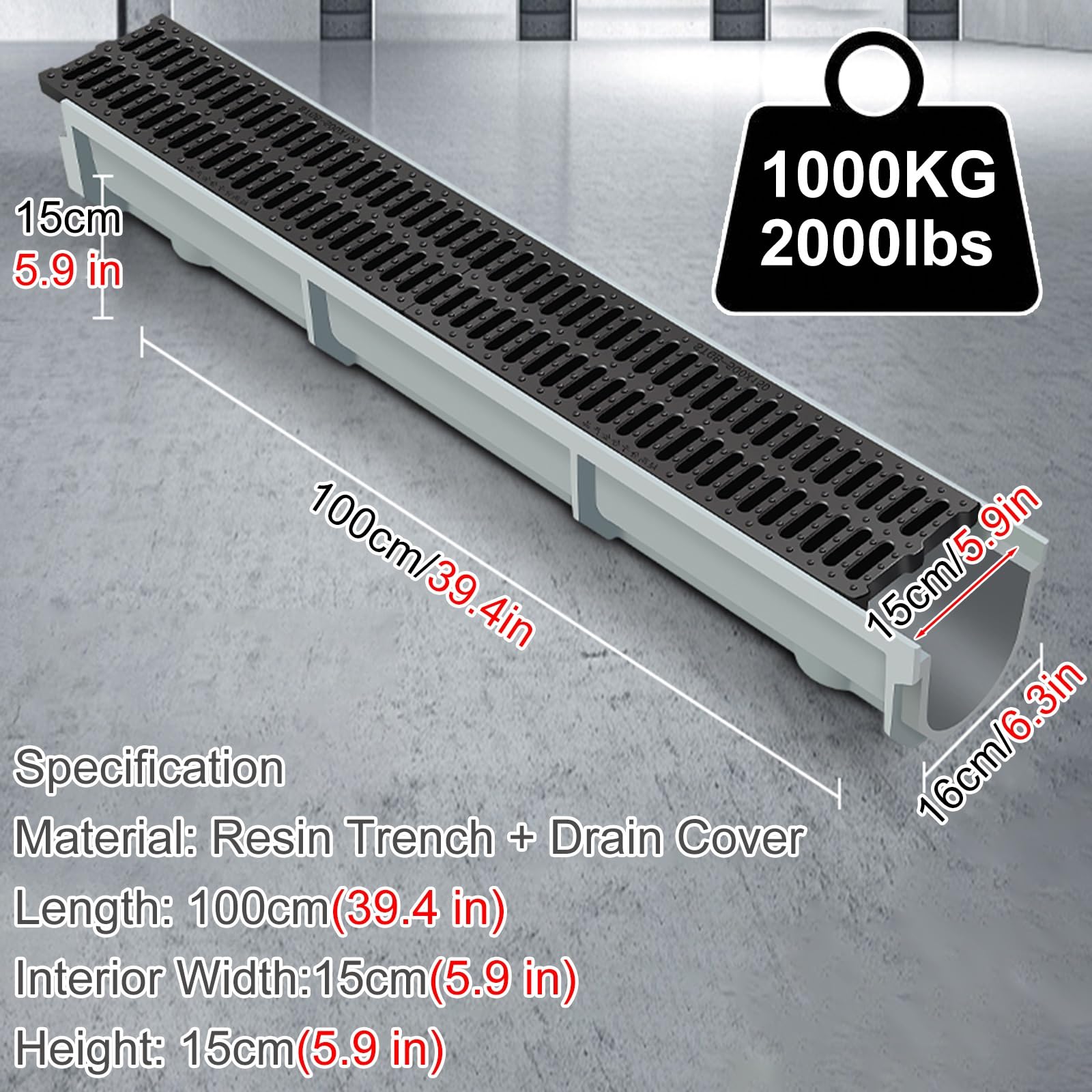 Channel Drain for Pavers 16 12 8 6 4 Inch Wide, Heavy Duty Driveway Trench Drain with Resin Grate, Patio Deck Yard Water Drain Channel Indoor Bath Kitchen Drainage System(100x15x15cm/39.4x5.9x5.9in)