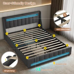 UPOSOJA Upholstered Full Size Bed Frame with 4 Storage Drawers,RGB LED Light,Charging Station,Slat Support,No Box Spring Needed,Noise-Free,Easy Assembly,Dark Grey