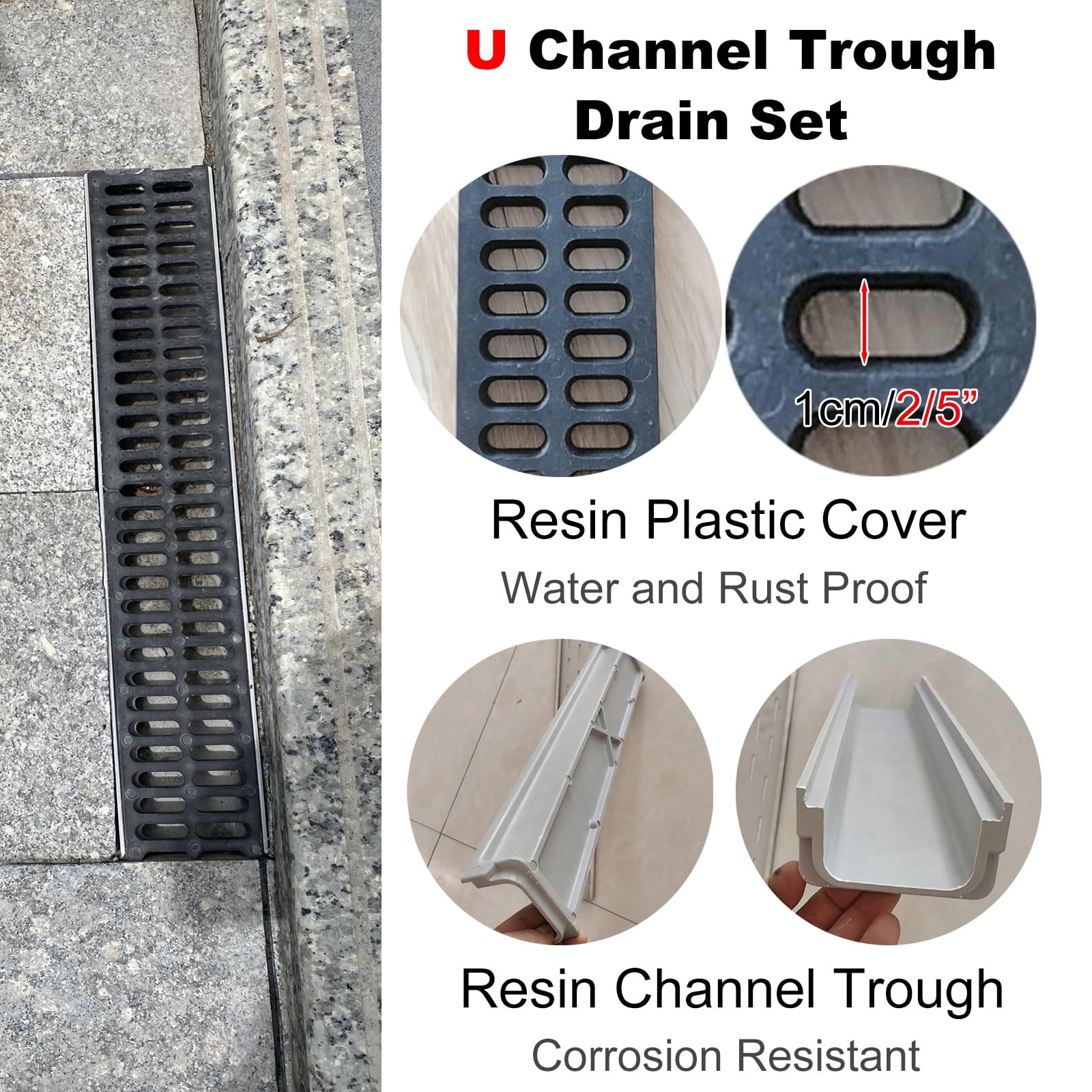 Channel Drain for Pavers 16 12 8 6 4 Inch Wide, Heavy Duty Driveway Trench Drain with Resin Grate, Patio Deck Yard Water Drain Channel Indoor Bath Kitchen Drainage System(100x15x15cm/39.4x5.9x5.9in)