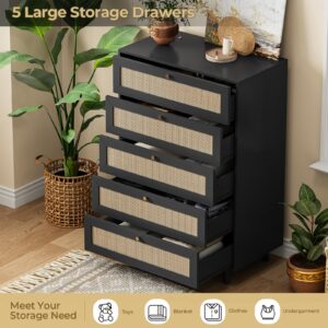 AOGLLATI Black Rattan Dresser for Bedroom with 5 Drawer, Modern Double Wooden Tall Bedroom Dresser, Chest of Drawers with Metal Handle & Solid Wood Legs for Bedroom/Living Room, Black