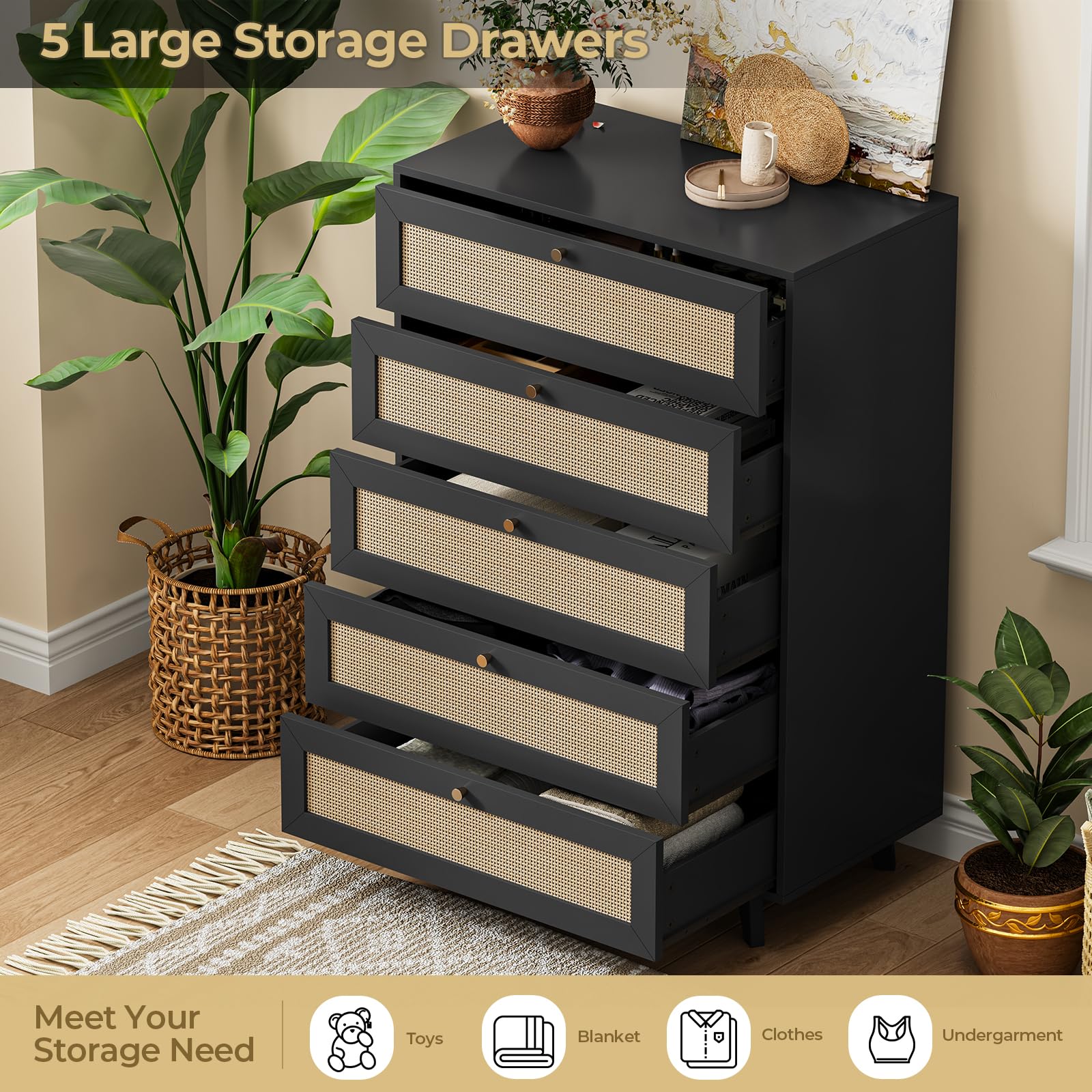 AOGLLATI Black Rattan Dresser for Bedroom with 5 Drawer, Modern Double Wooden Tall Bedroom Dresser, Chest of Drawers with Metal Handle & Solid Wood Legs for Bedroom/Living Room, Black