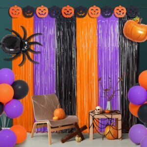 halloween party decoration, 2 pack halloween foil fringe curtains, orange purple black metallic tinsel foil fringe curtains photo streamers backdrop for halloween wall decor party photo booth props