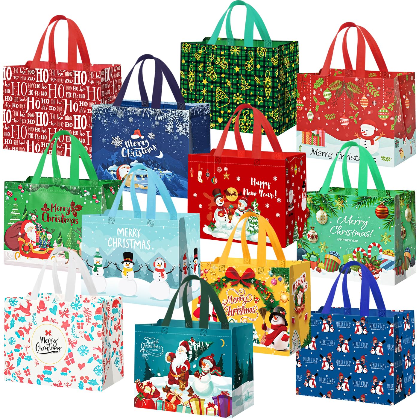 12Pack Large Christmas Bags For Gifts, 12 Styles Reusable Christmas Gift Bags With Handle, 12.4"×9.7"×6.8"Christmas Tote Bags For Gifts, Xmas Gift Bags, Holiday Gift Bags For Christmas Presents