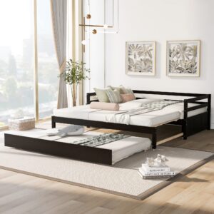 Merax Modern Wood Daybed with Pop Up Trundle Twin to King Triple Sofa Bed Frame for Kids Teens Adults/No Box Spring Needed Espresso