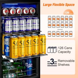 turephe Beverage Refrigerator 17 Inch Wide, Mini Beverage Cooler with Glass Door 126 Cans, Countertop/Freestanding Beverage Beer Fridge with Temperature Memory, Perfect for Soda, Beer