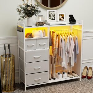 ARTETHYS Dresser for Bedroom with Hanging Rack 5 Drawer Dresser with LED Lights and Charging Station White Fabric Dresser Storage Chest of Drawers for Closet