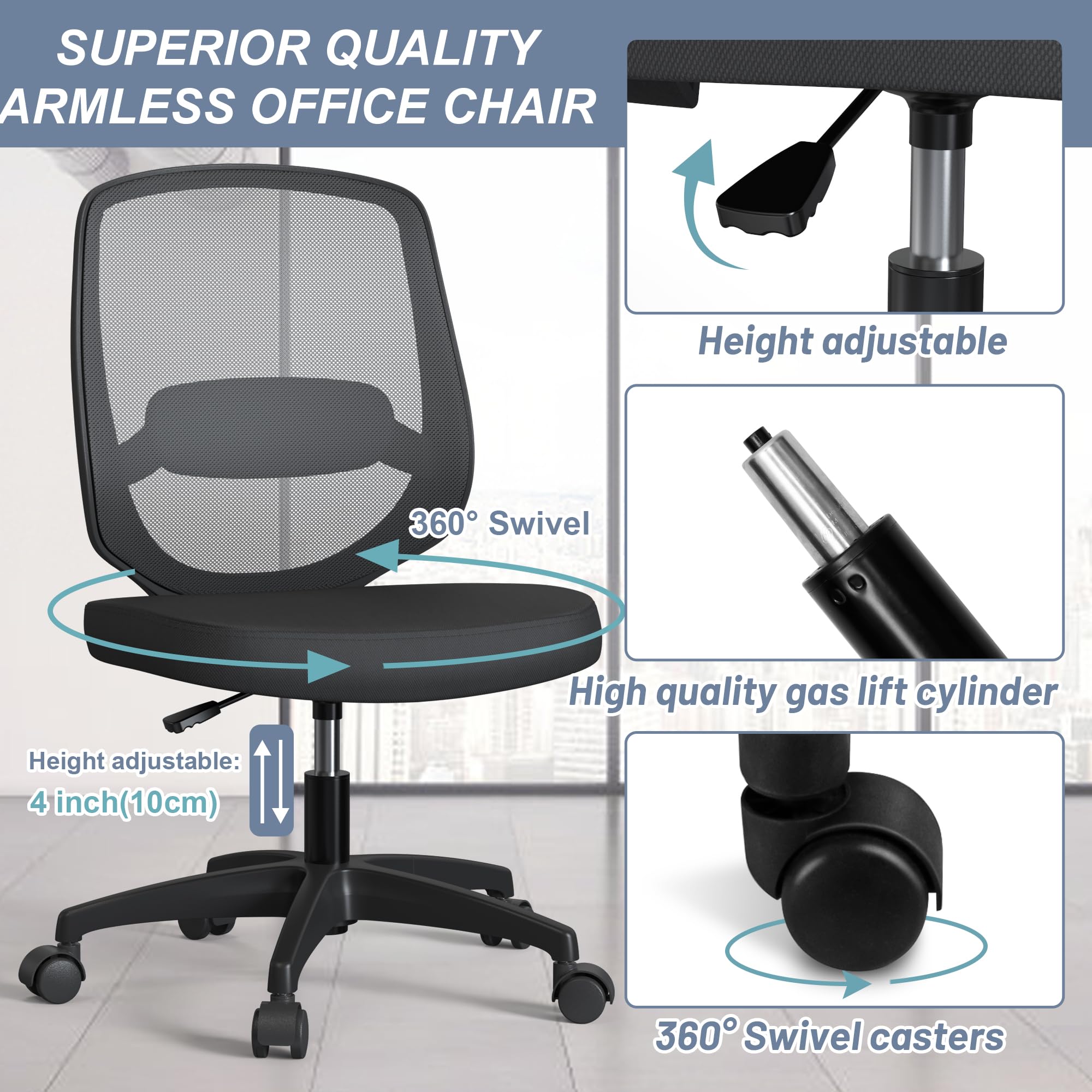 Armless Mesh Ergonomic Desk Office Chair Without Arms for Computer Home Height Adjustable Lumbar Support for Small Spaces