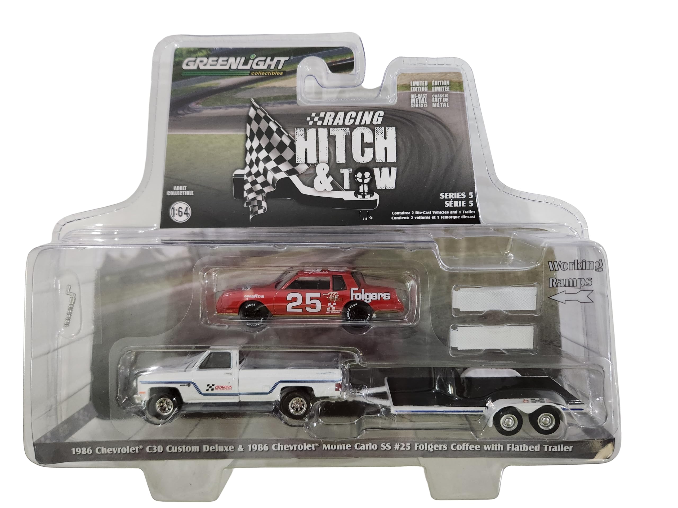 Collectibles Greenlight 31170-B Racing Hitch & Tow Series 5 1986 Chevy C30 Custom Deluxe and 1986 Tim Richmond Monte Carlo SS #25 with Flatbed Trailer 1/64 Scale