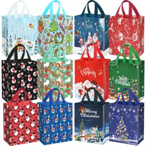 dechisy 12pack small christmas gift bags, non-woven reusable christmas bags,12 different style christmas tote bags with handles, holiday gift bags for christmas presents, kids, xmas party favors