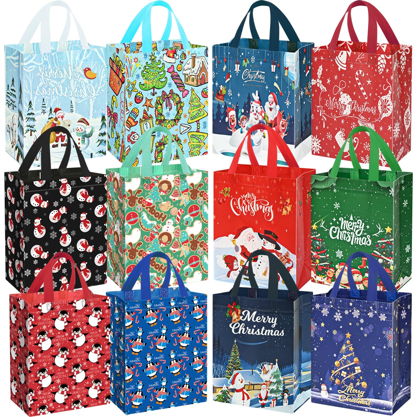 DECHISY 12Pack Small Christmas Gift Bags, Non-woven Reusable Christmas Bags,12 Different Style Christmas Tote Bags with Handles, Holiday Gift Bags for Christmas Presents, Kids, Xmas Party Favors