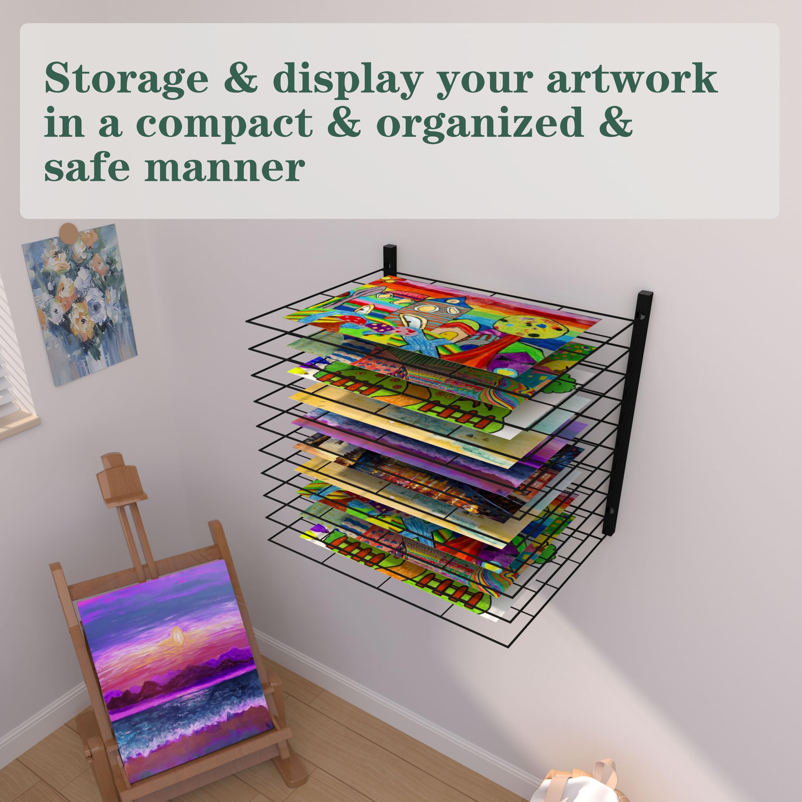 Art Drying Rack,Art Drying Rack for Classroom,no Drill Wall & fit All Walls Paint Drying Rack,10 Removable Shelves 1.57" Apart Art Storage Rack,Painting Drying Rack for Classroom,Art Studios,Schools