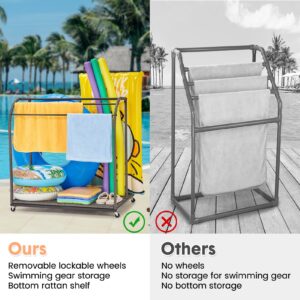 Flarhetoric Pool Towel Rack,Outdoor Pool Storage Rack with Rattan Base and 5 Towel Bars,Pool Float Storage with Compartments, Store Buoys, Pool Floats, Swimming Rings, Suitable for Outdoor/Indoor