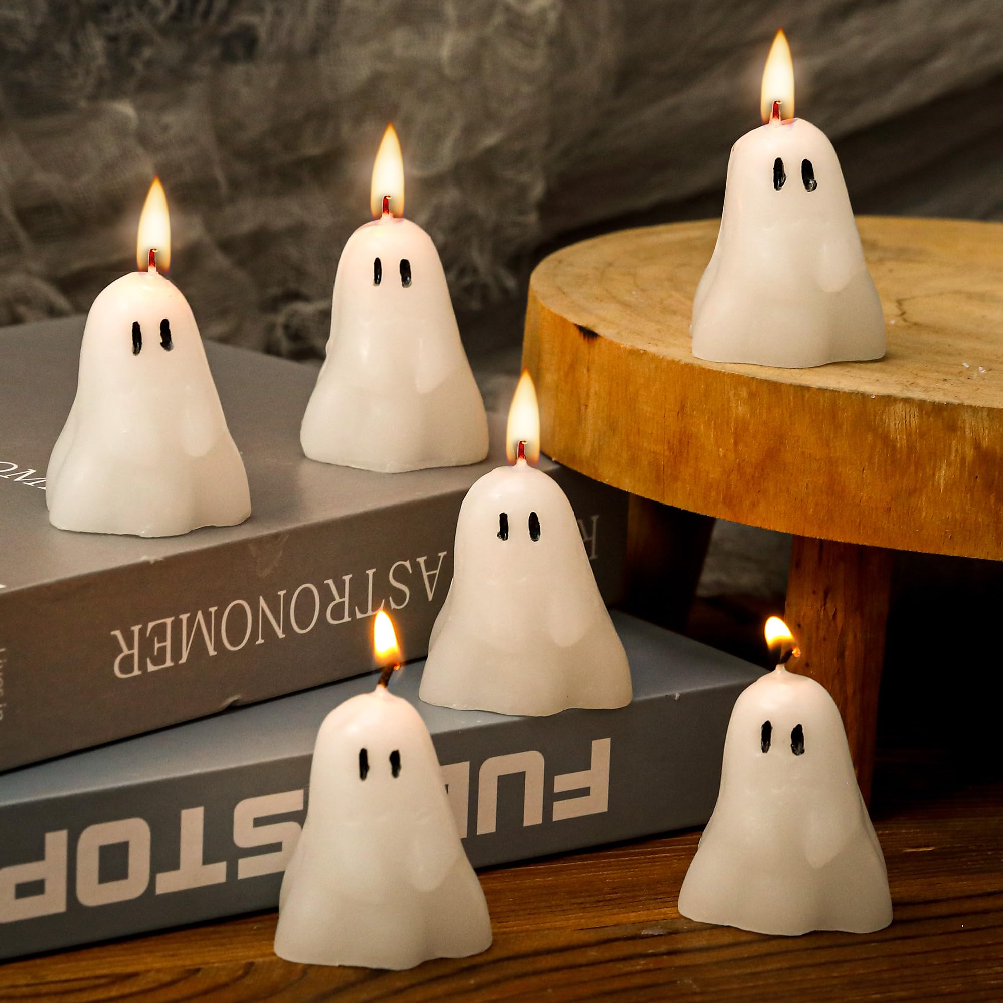 EBaokuup 6 PCS 2'' X 1.6'' Halloween Ghost Candles, Ghost Shaped Decor Candles, Fun Face Spooky Burning Candle for Halloween Party Home and Table Decorations