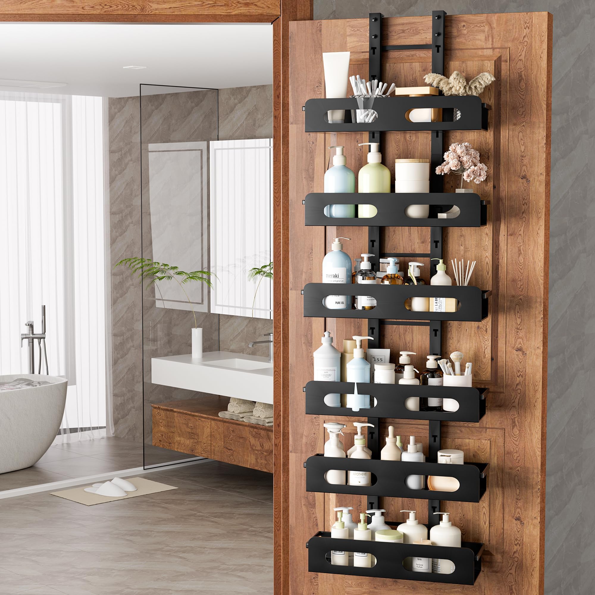 GONAT 6 Tier Shower Caddy Organizer, Over The Door Storage Hanger,Shower Shelves Rack with Door Hook, Bathroom Storage Hanger and Organizer, Cabinet Spice Storage Hanger (6 * 6' Wide Bakets, Black)