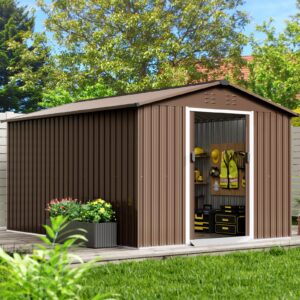 agrestem 15 x 8 ft outdoor storage garden shed, metal storage shed with lockable door design, water-resistance & uv-resistance metal sheds for patio garden lawnmowers, brown