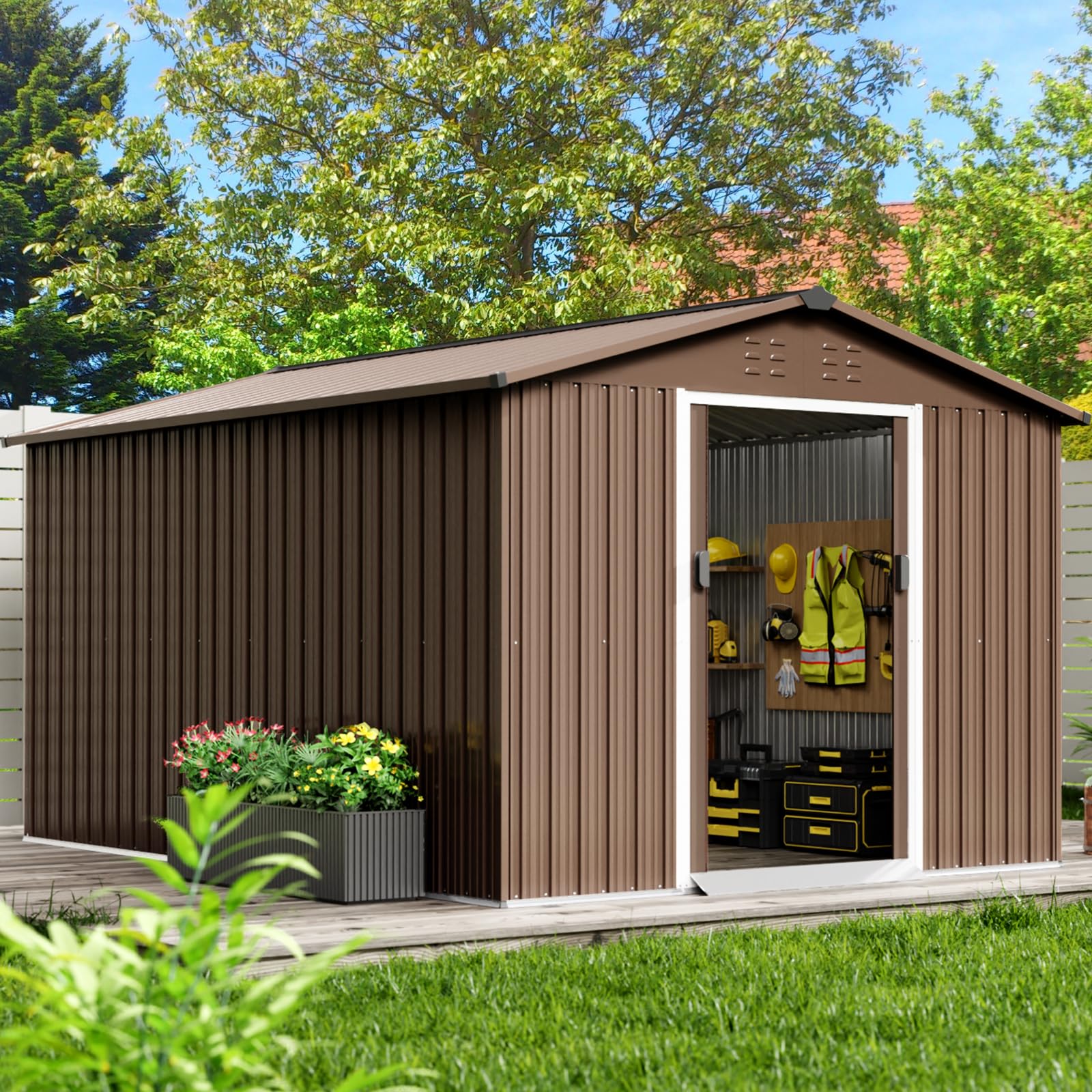 Agrestem 15 x 8 FT Outdoor Storage Garden Shed, Metal Storage Shed with Lockable Door Design, Water-Resistance & UV-Resistance Metal Sheds for Patio Garden Lawnmowers, Brown