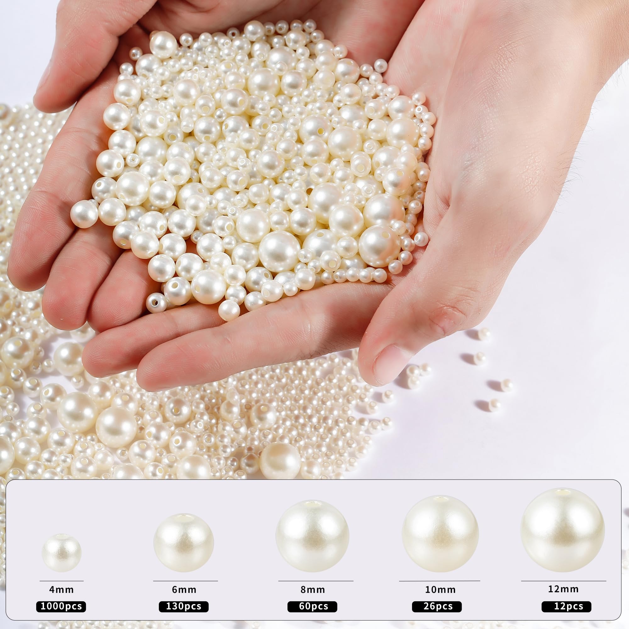 Hudinsun 1200 Pcs Pearl Beads for Jewelry Making, 5 Size Round Pearls for Bracelets Making Kit Small Pearl Filler Beads with Hole for DIY Craft Necklace Earrings