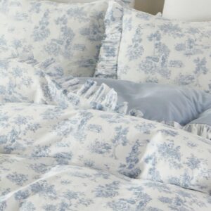 brandream french country toile duvet cover set full size for girls bedroom vintage blue toile floral print 100% cotton delicate ruffle fringe soft and breathable, 3 pieces bedding with zipper closure