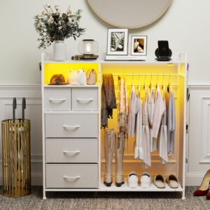 ARTETHYS Dresser for Bedroom with Hanging Rack 5 Drawer Dresser with LED Lights and Charging Station White Fabric Dresser Storage Chest of Drawers for Closet