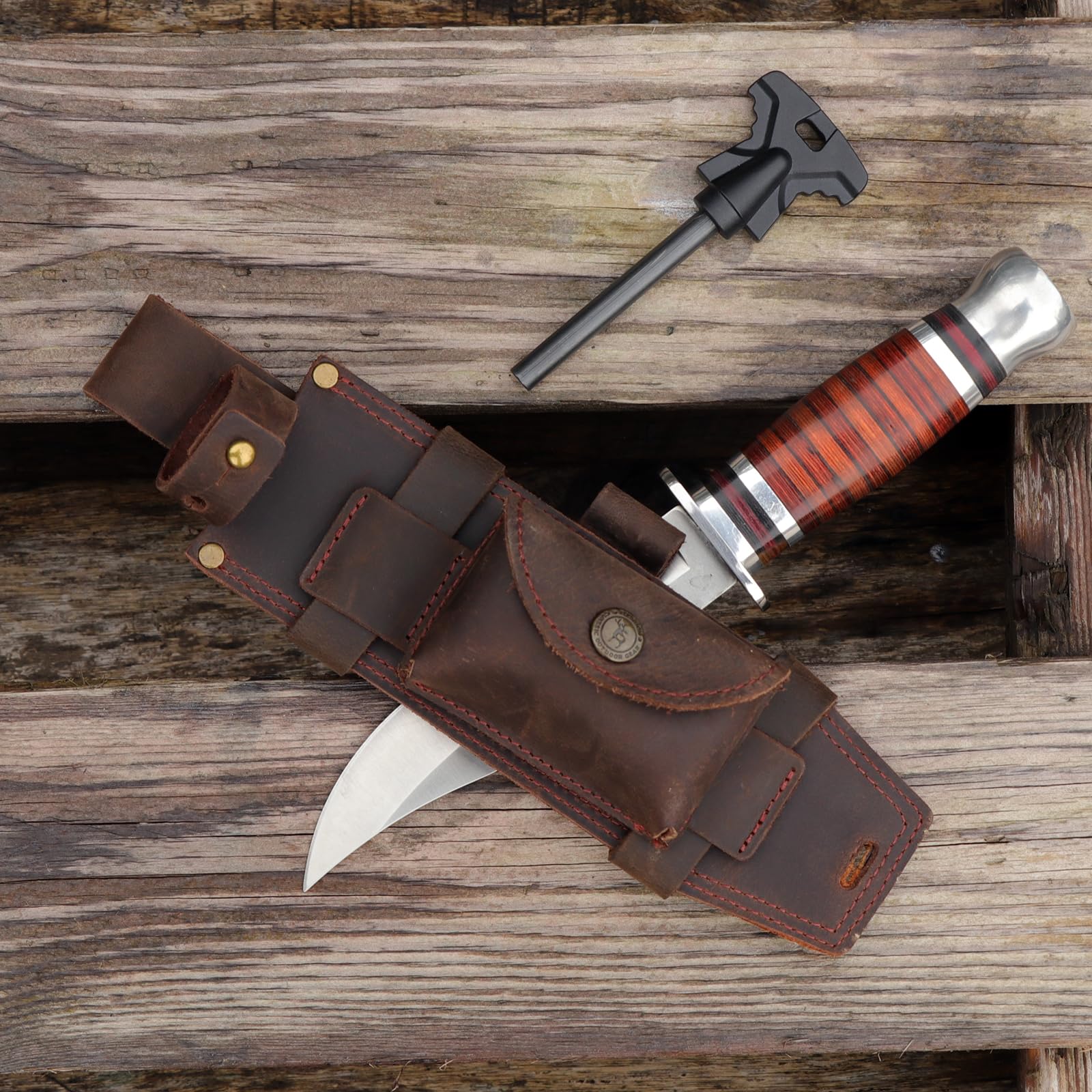 Tourbon Leather Hunting Fixed Blade Knives Sheath Horizontal & Vertical Carry for Belt Fire Starter Holder EDC Tools Holster for Camping Jungle