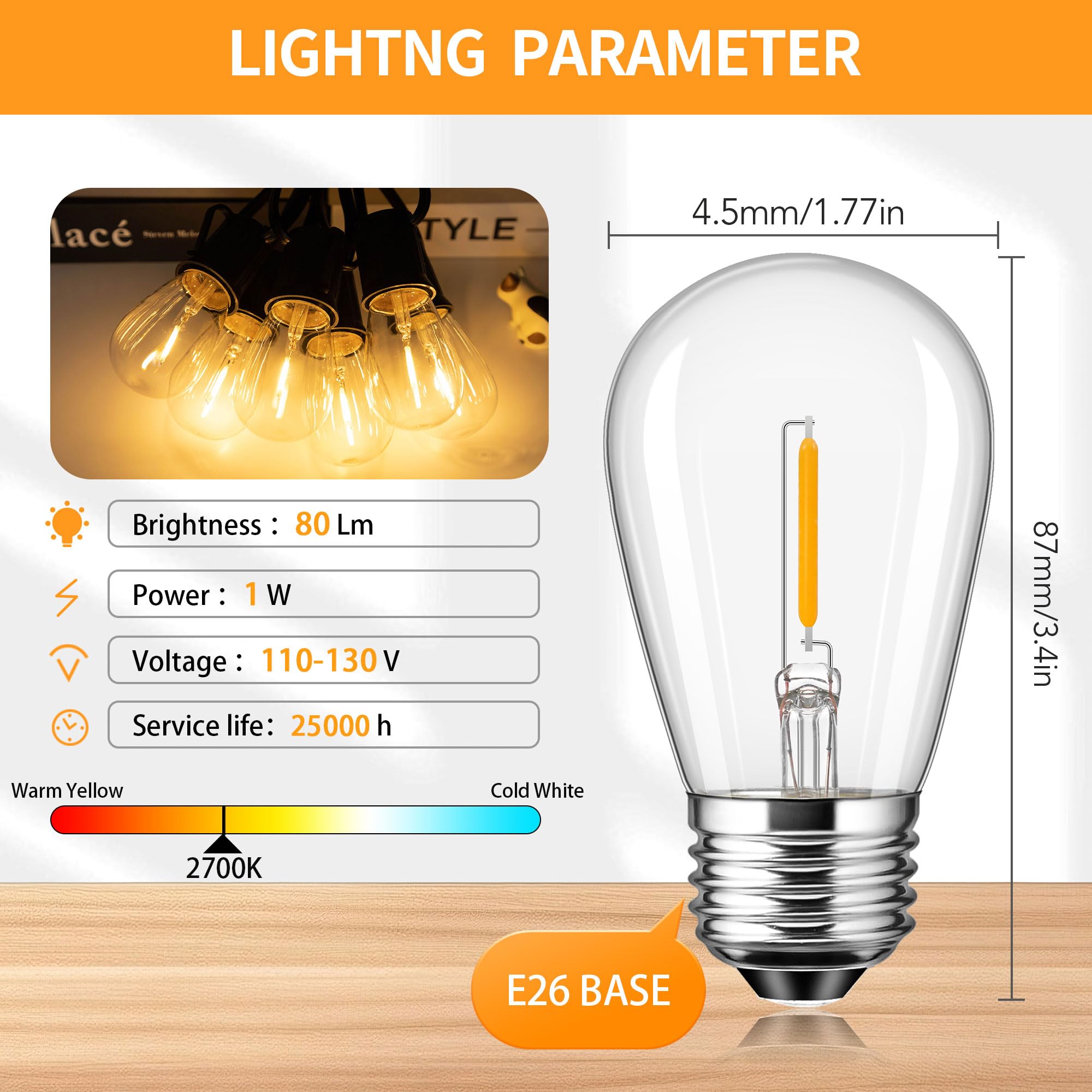 Sphoon 25 Pack S14 Replacement LED Bulbs Outdoor String Lights Bulbs Filament Edison Bulb 1W=10W for Garden Patio Party Warm White 2700K,80LM,Clear Glass,E26 Base