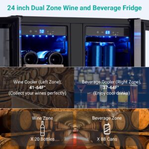 GarveeHome 24 Inch Wine and Beverage Refrigerator, 20 Bottles & 88 Cans Wine Cooler with Dual Zone, Wine Fridge Built-In & Freestanding, 2 Safety Locks and Digital Touch Control