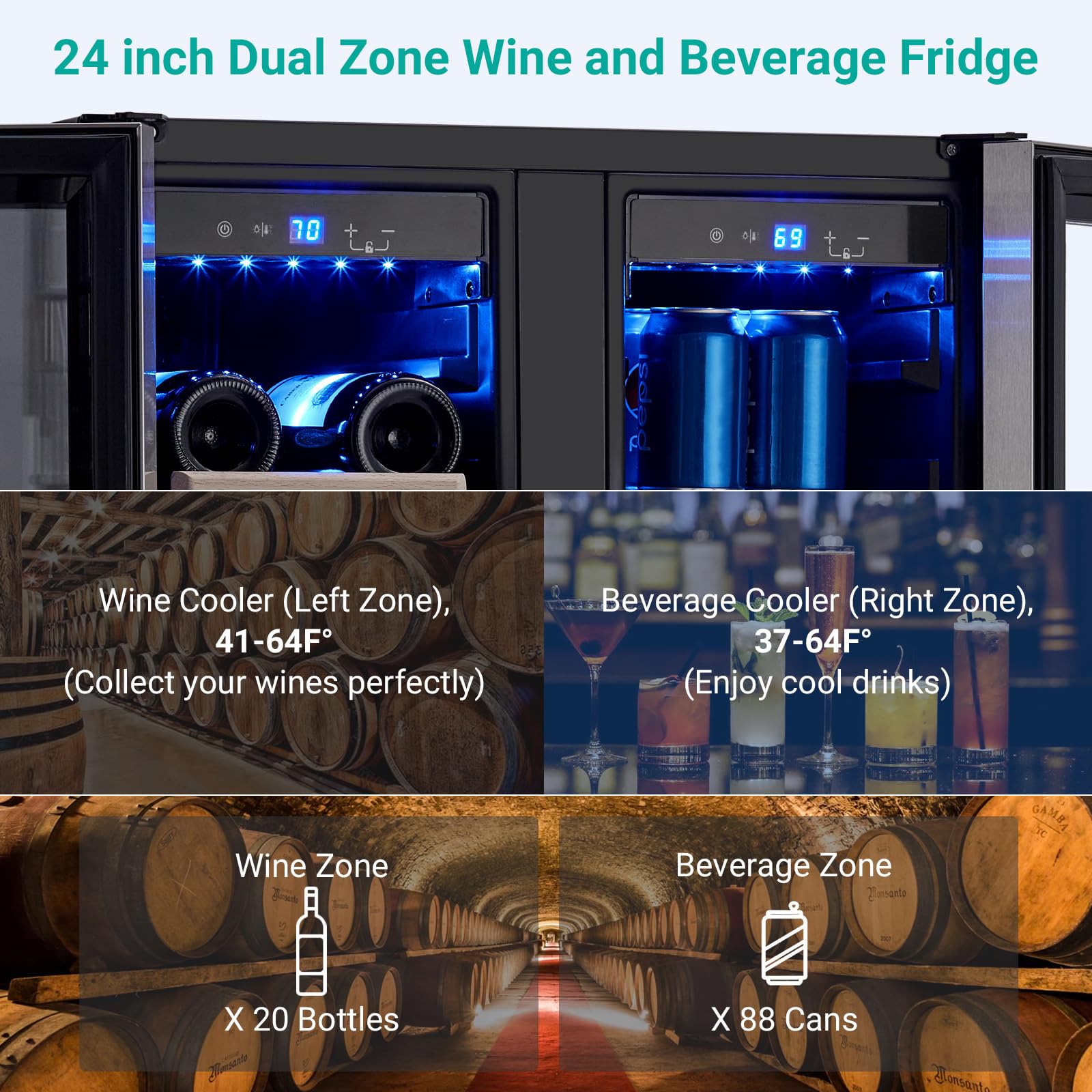 GarveeHome 24 Inch Wine and Beverage Refrigerator, 20 Bottles & 88 Cans Wine Cooler with Dual Zone, Wine Fridge Built-In & Freestanding, 2 Safety Locks and Digital Touch Control