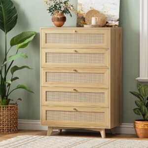 aogllati rattan dresser for bedroom with 5 drawer, modern double wooden tall bedroom dresser, chest of drawers with metal handle & solid wood legs for bedroom/living room,nature