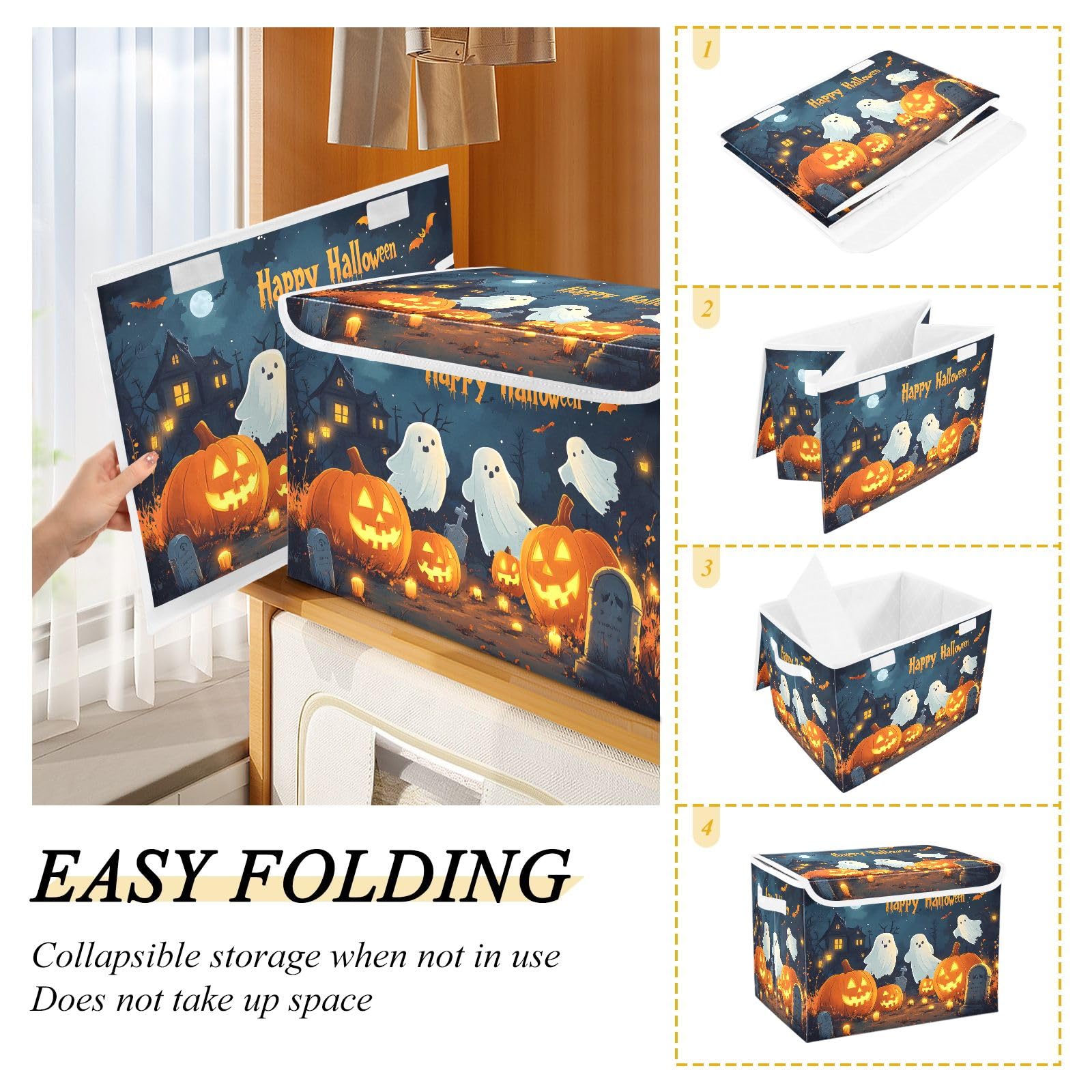 Storage Bins with Lids and Handles,Halloween Background with Pumpkins Ghosts and Cemetary Storage Box Storage Basket with Cover Collapsible Organizer Containers for Home Closet, Shelves