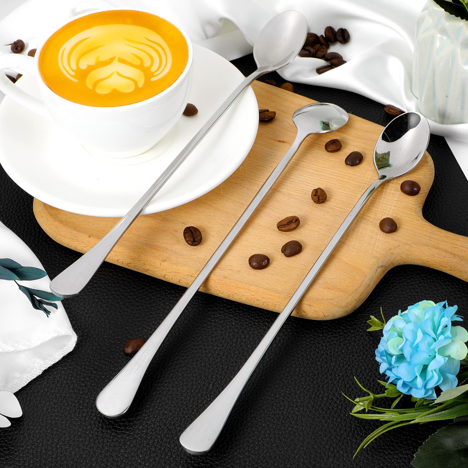 Ouligay 6pcs Long Handle Iced Tea Spoons, 9 Inch Stainless Steel Long Coffee Spoons, Long Cocktail Stirring Spoons, Long Teaspoons Ice Cream Spoon for Stirring Iced Tea Coffee Bar Accessories