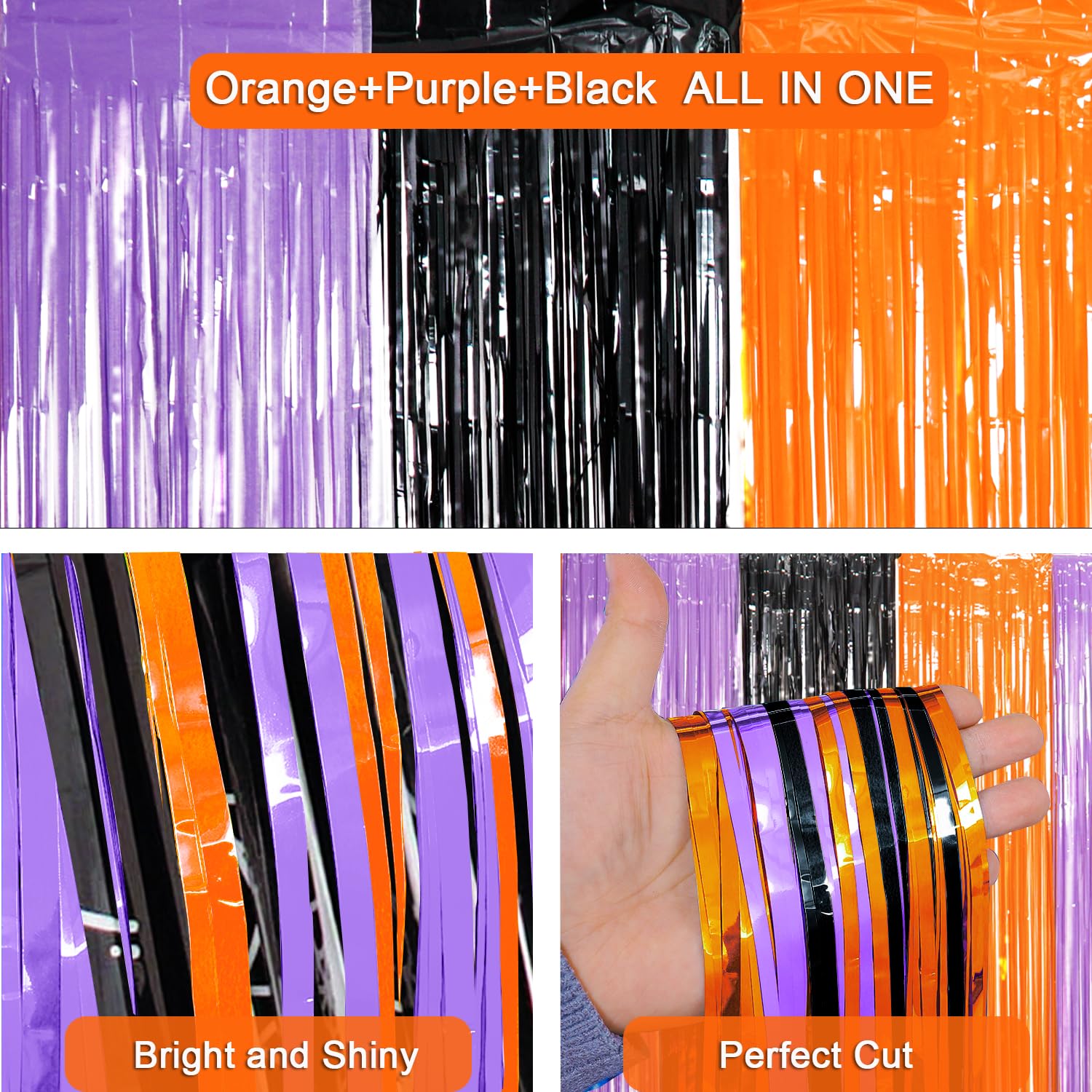 Halloween Party Decoration, 2 Pack Halloween Foil Fringe Curtains, Orange Purple Black Metallic Tinsel Foil Fringe Curtains Photo Streamers Backdrop for Halloween Wall Decor Party Photo Booth Props