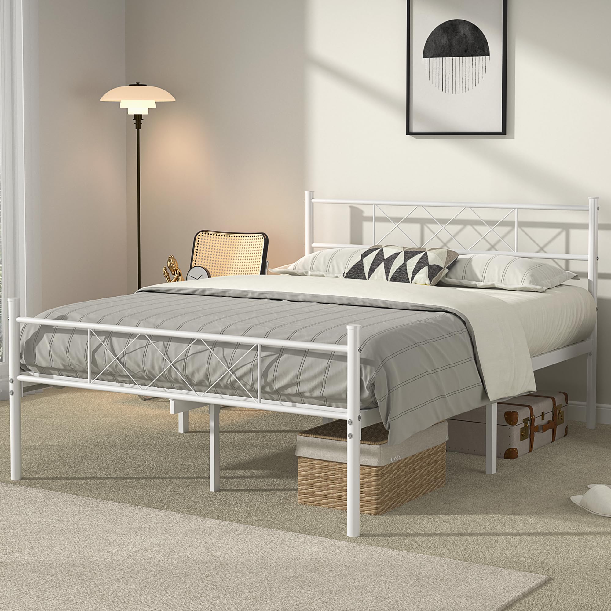 VECELO Full Size Bed Frame with Headboard, Heavy-Duty Platform with Strong Metal Slats, No Box Spring Needed, Easy Assembly, White