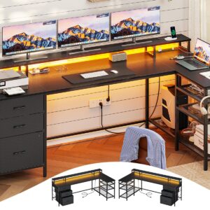 UPOSOJA L Shaped Gaming Desk with 3 Drawers, 78" Reversible Computer Desk with Power Outlet & LED Strip, Home Office Desk with Storage Shelves, Monitor Shelf, Mouse Pad Black