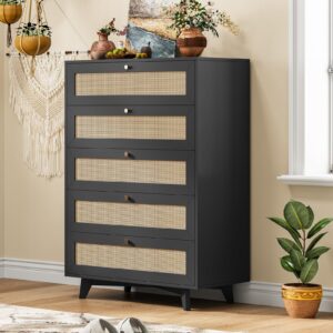 AOGLLATI Black Rattan Dresser for Bedroom with 5 Drawer, Modern Double Wooden Tall Bedroom Dresser, Chest of Drawers with Metal Handle & Solid Wood Legs for Bedroom/Living Room, Black