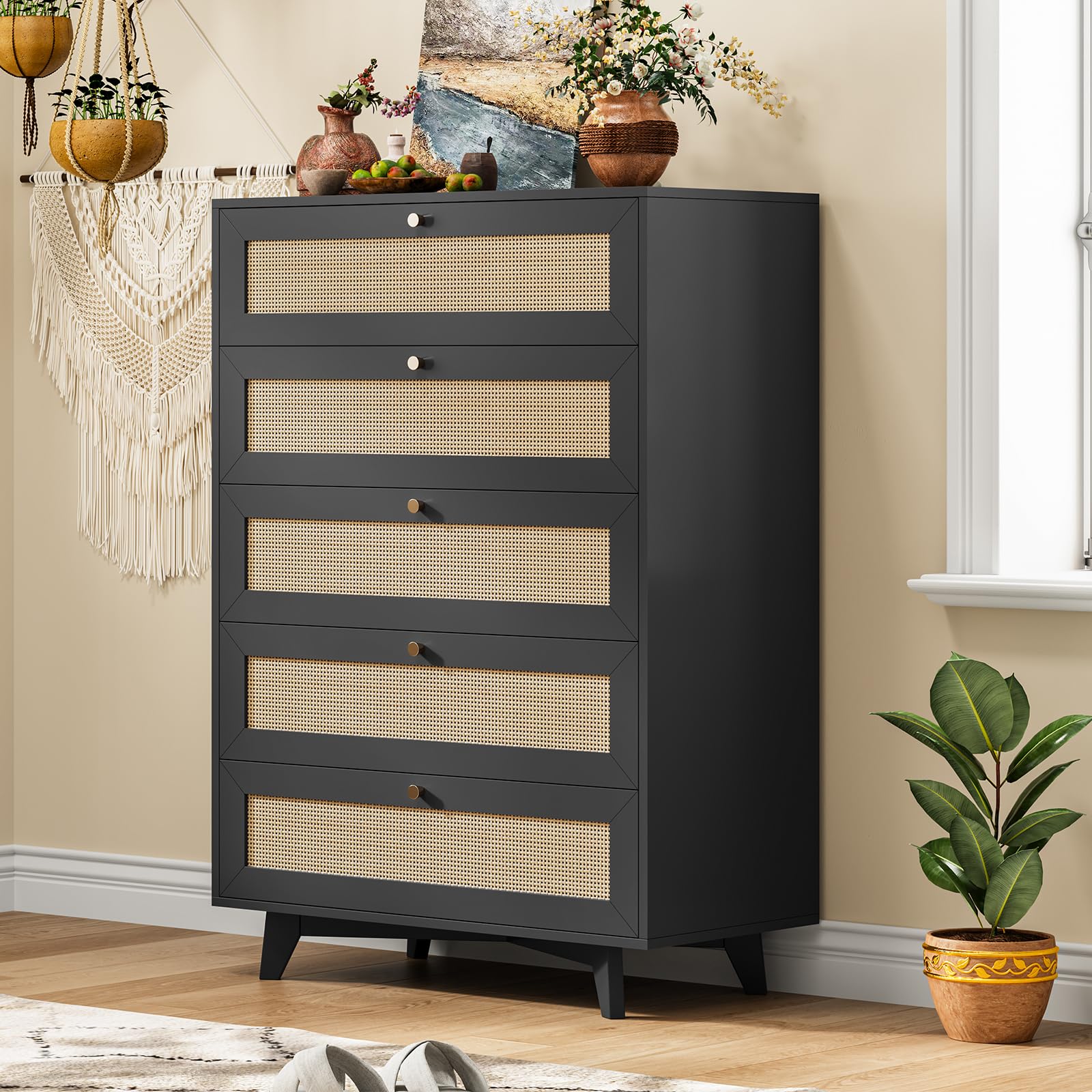 AOGLLATI Black Rattan Dresser for Bedroom with 5 Drawer, Modern Double Wooden Tall Bedroom Dresser, Chest of Drawers with Metal Handle & Solid Wood Legs for Bedroom/Living Room, Black