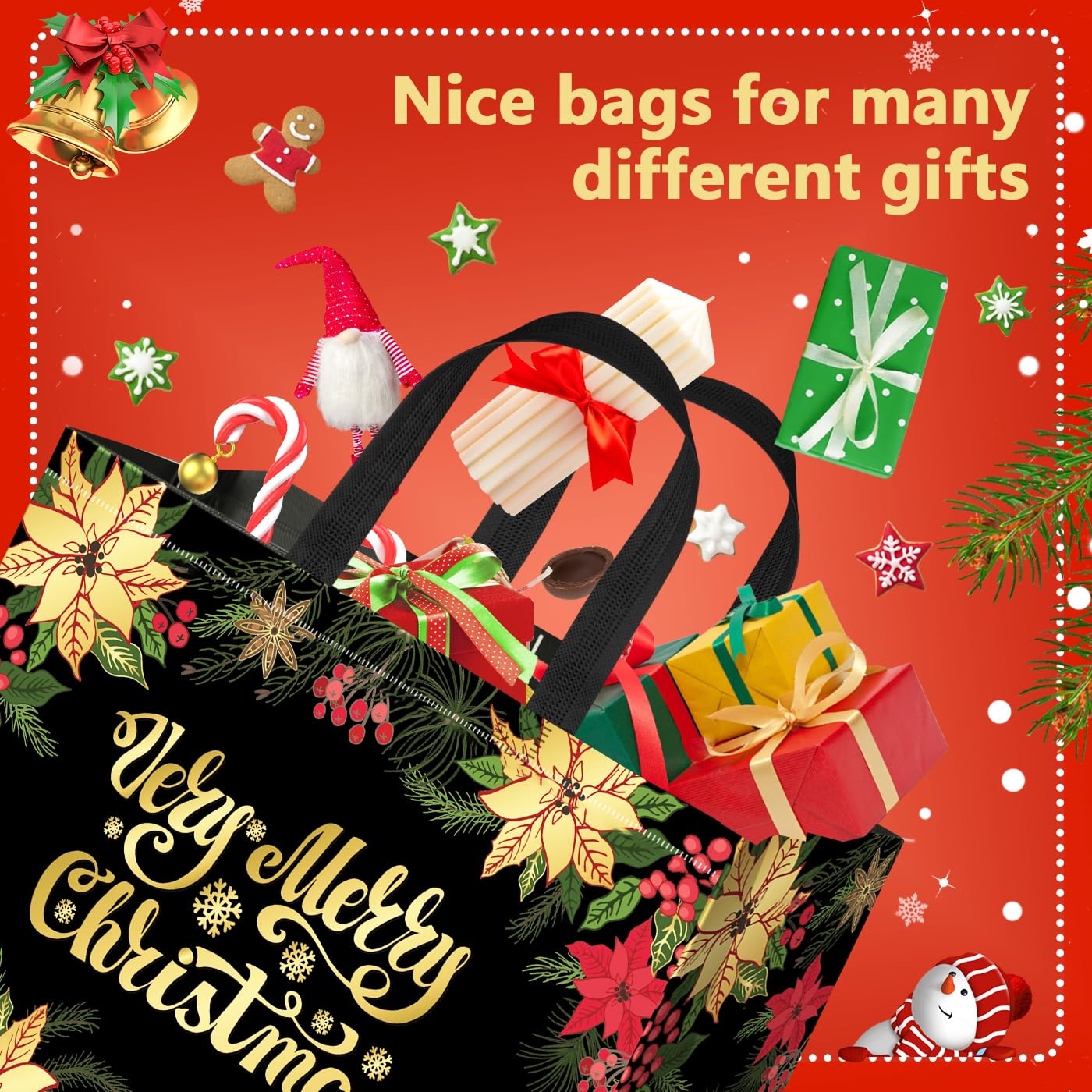 WLUSEAXI 20Pack Christmas Gift Bags Assorted Sizes,Reusable Christmas Tote Bags with Handles,Including 4 Extra Large,16 Large Christmas Bags for Gifts Wrapping for Xmas Holiday Party Favor