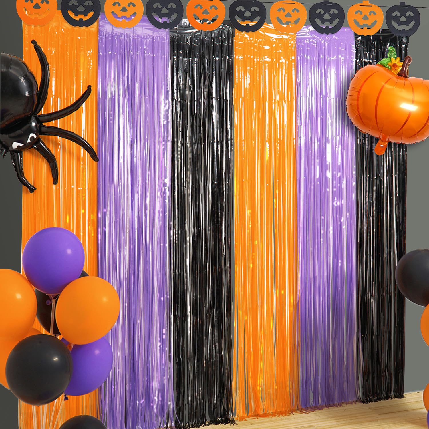 Halloween Party Decoration, 2 Pack Halloween Foil Fringe Curtains, Orange Purple Black Metallic Tinsel Foil Fringe Curtains Photo Streamers Backdrop for Halloween Wall Decor Party Photo Booth Props