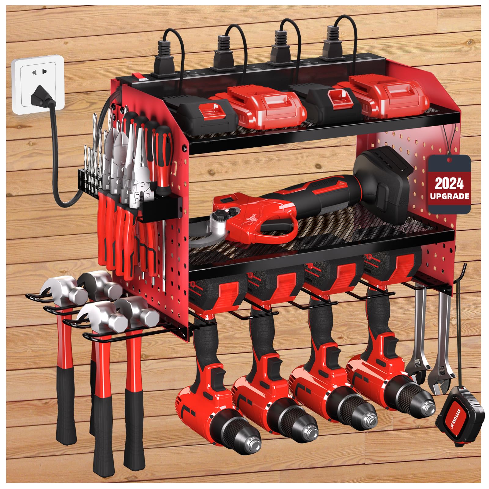 Veitorld Power Tool Organizer with Charging Station, 4 Drill Holders, Heavy Duty Modular Wall Mount Rack for Garage & Shed Organization, Tool Storage Organizer, Gifts for Men Dad Husband Christmas