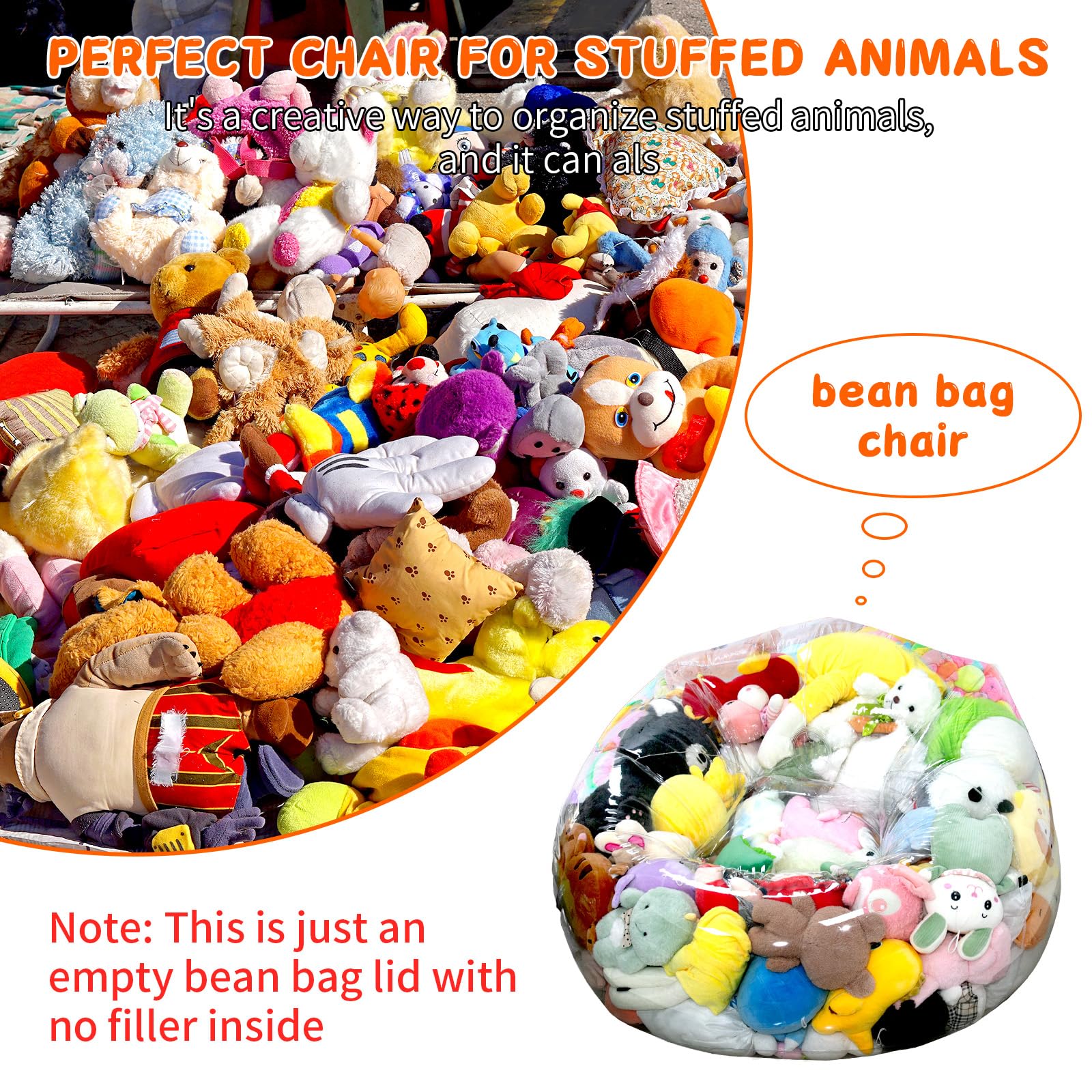 Clear Stuffed Animal Storage Bean Bag Chair Cover for Kids, Extra Large Waterparoof Beanbag Chair Cover with Zipper, PVC Bean Bag Chair for Children Plush Toys Storage & Organizing