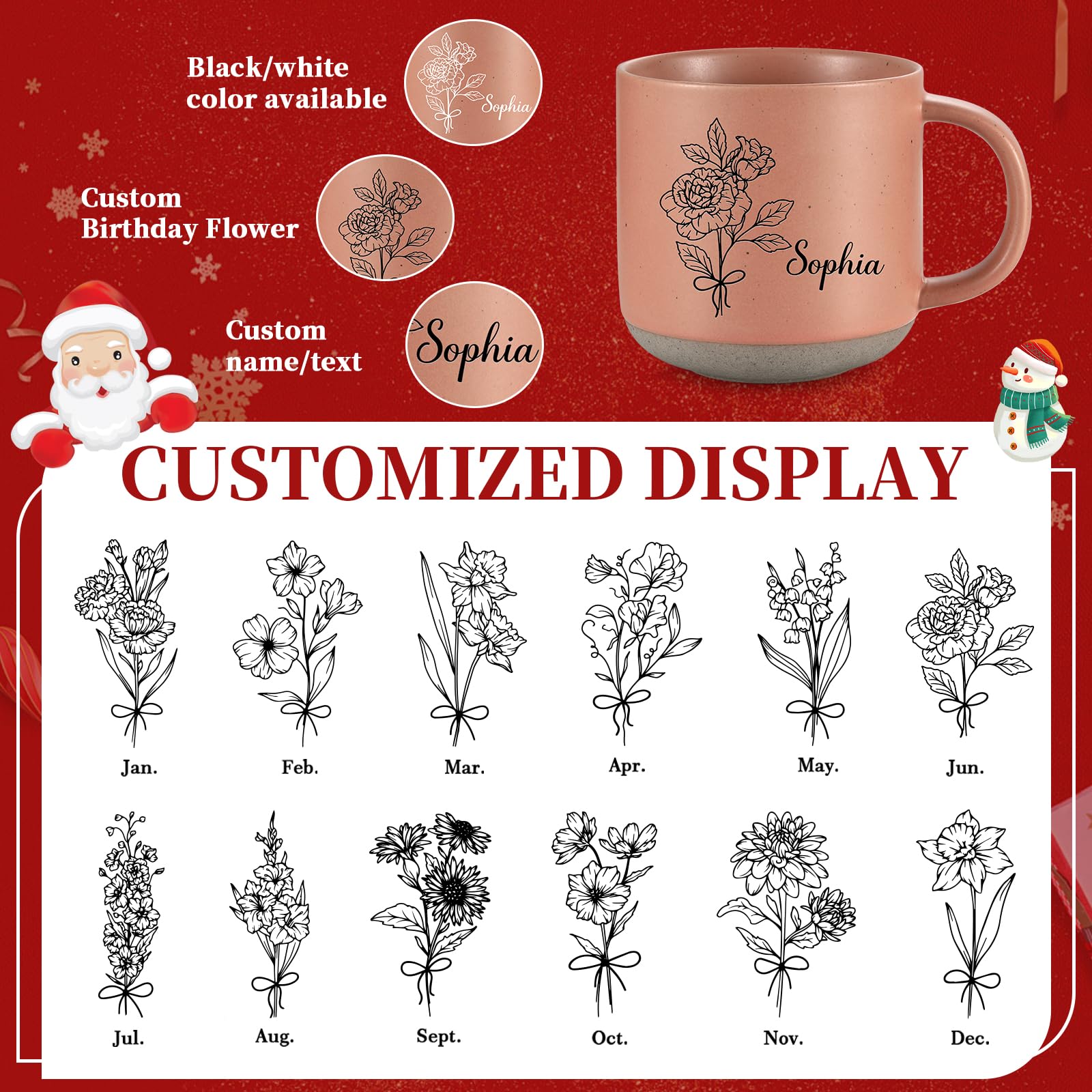 Personalized Ceramic Coffee Mug for Women: Custom Birth Flower Mug with Name & Text for Grandma Wife Mom Sister - Gifts for Grandparents' Day Christmas Birthday Mother’ Day