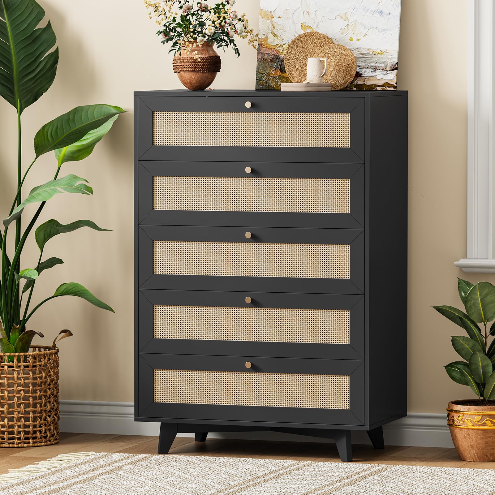 AOGLLATI Black Rattan Dresser for Bedroom with 5 Drawer, Modern Double Wooden Tall Bedroom Dresser, Chest of Drawers with Metal Handle & Solid Wood Legs for Bedroom/Living Room, Black