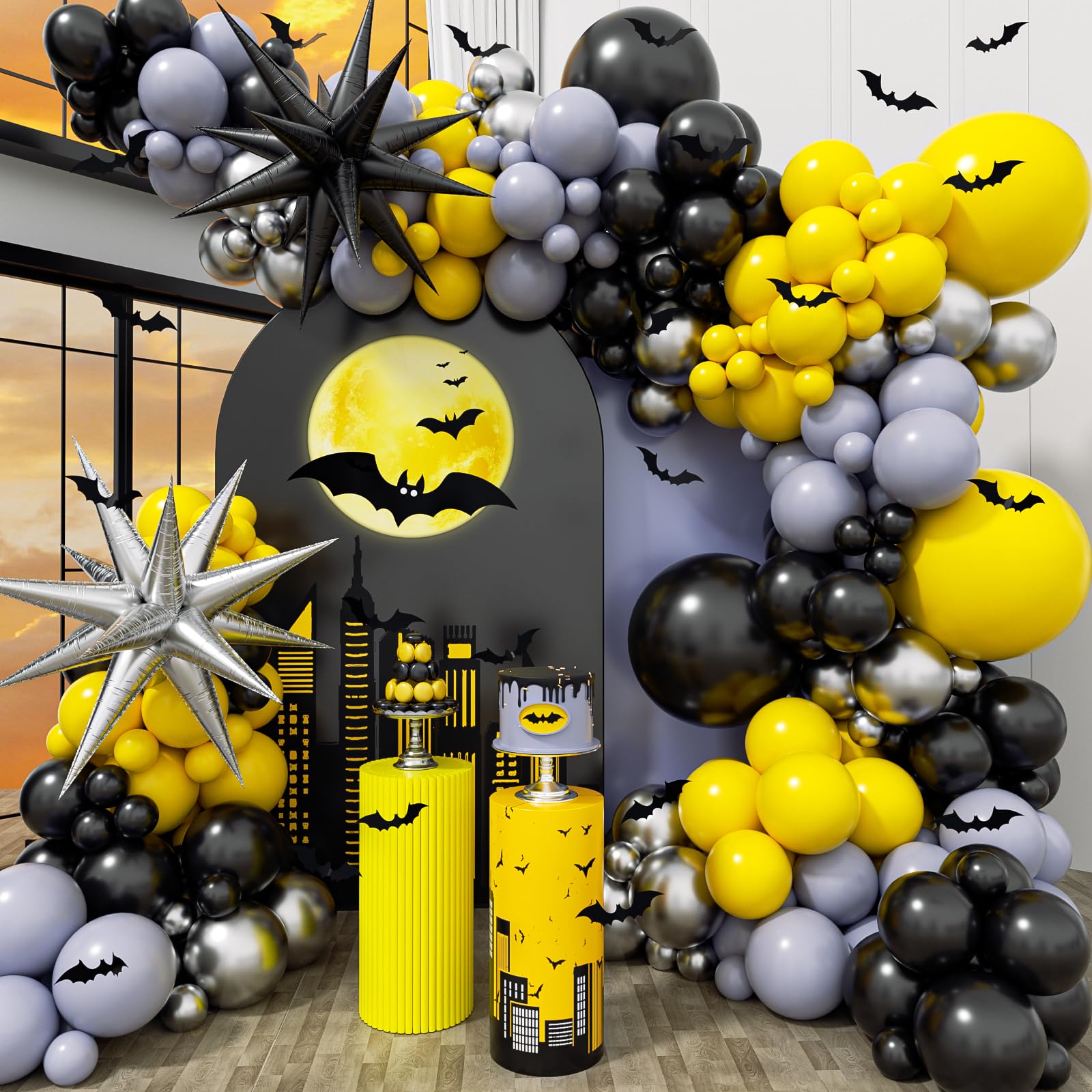 127PCS Black Yellow and Silver Balloons Arch Garland Kit, Bat Theme Balloon Arch for Men with Foil Balloons for Baby Shower Bat Theme Birthday Party Decorations